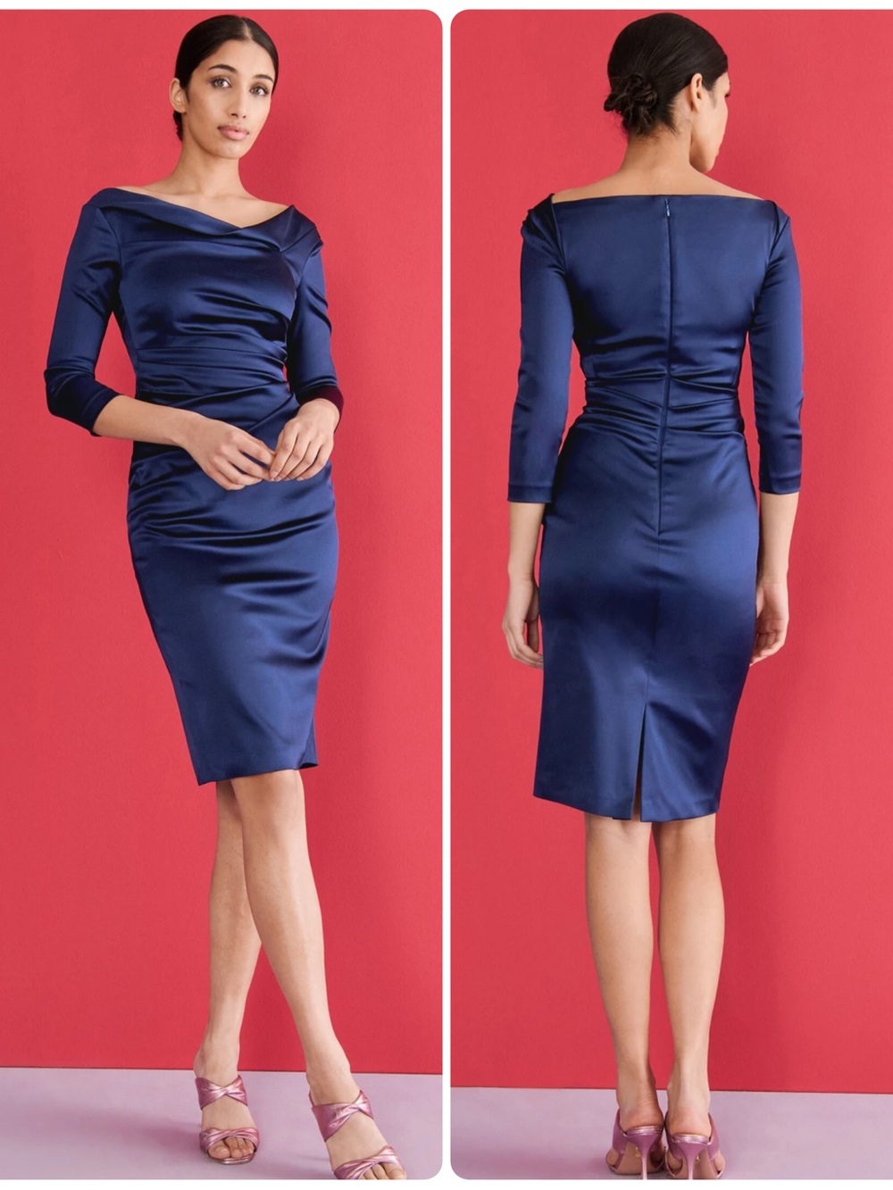 Talbot Runhof Duchess Satin Draped Cocktail Dress Blue EU 38 Fits US 4